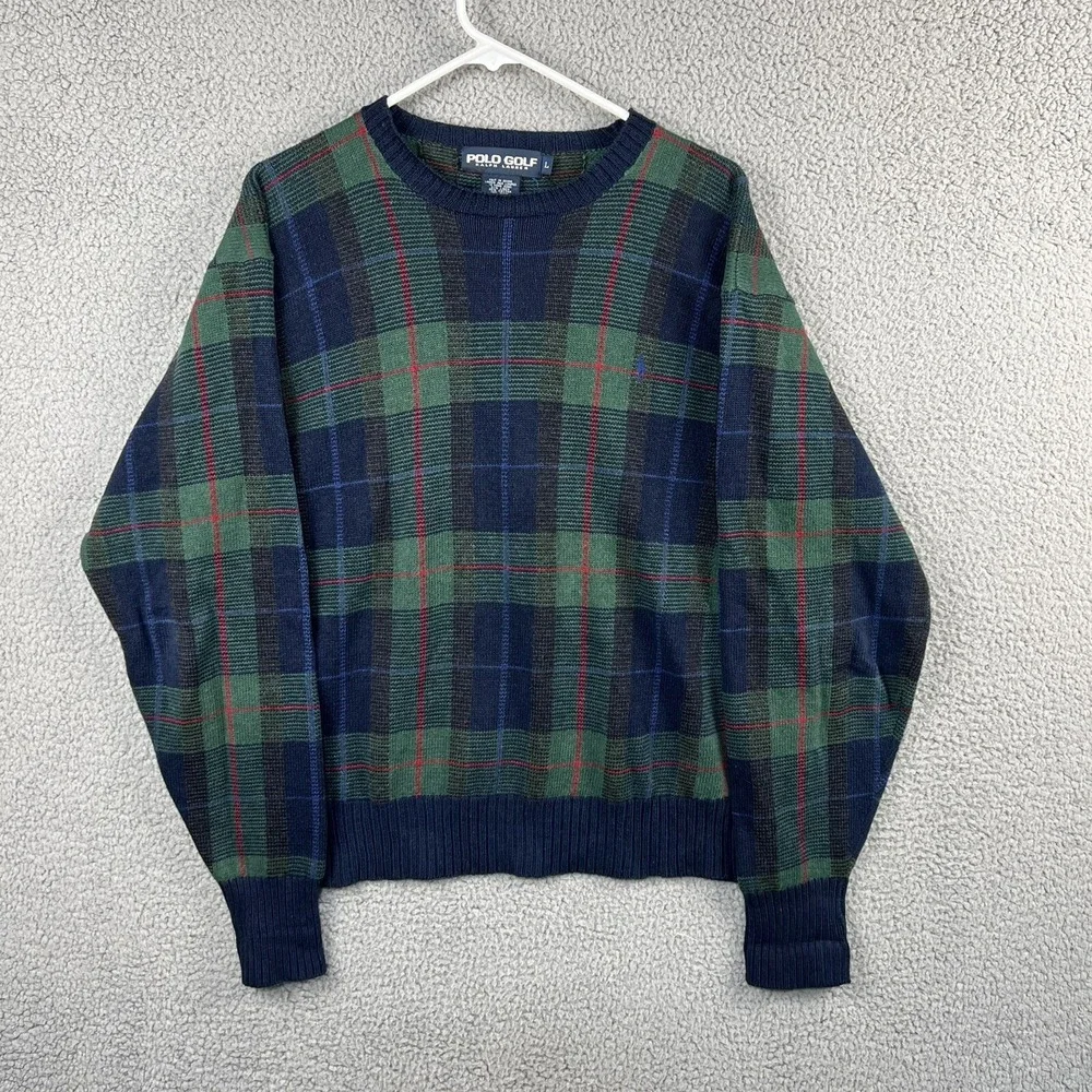 Vintage Polo Golf Ralph Lauren Plaid Sweater Linen Cotton Wool Blend Mens Size L